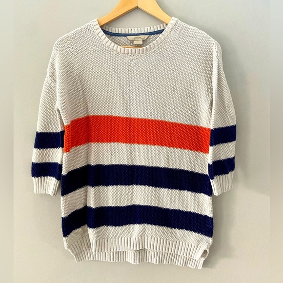 Natural Reflections Sweaters - Natural Selections Cotton Crop Sleeve Oatmeal Knit w Orange Navy Striped Sweater
